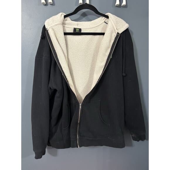 Rare Monster Energy Sherpa Lined Full Zip Black & Green Hoodie Sweatshirt Sz XL - Picture 3 of 7